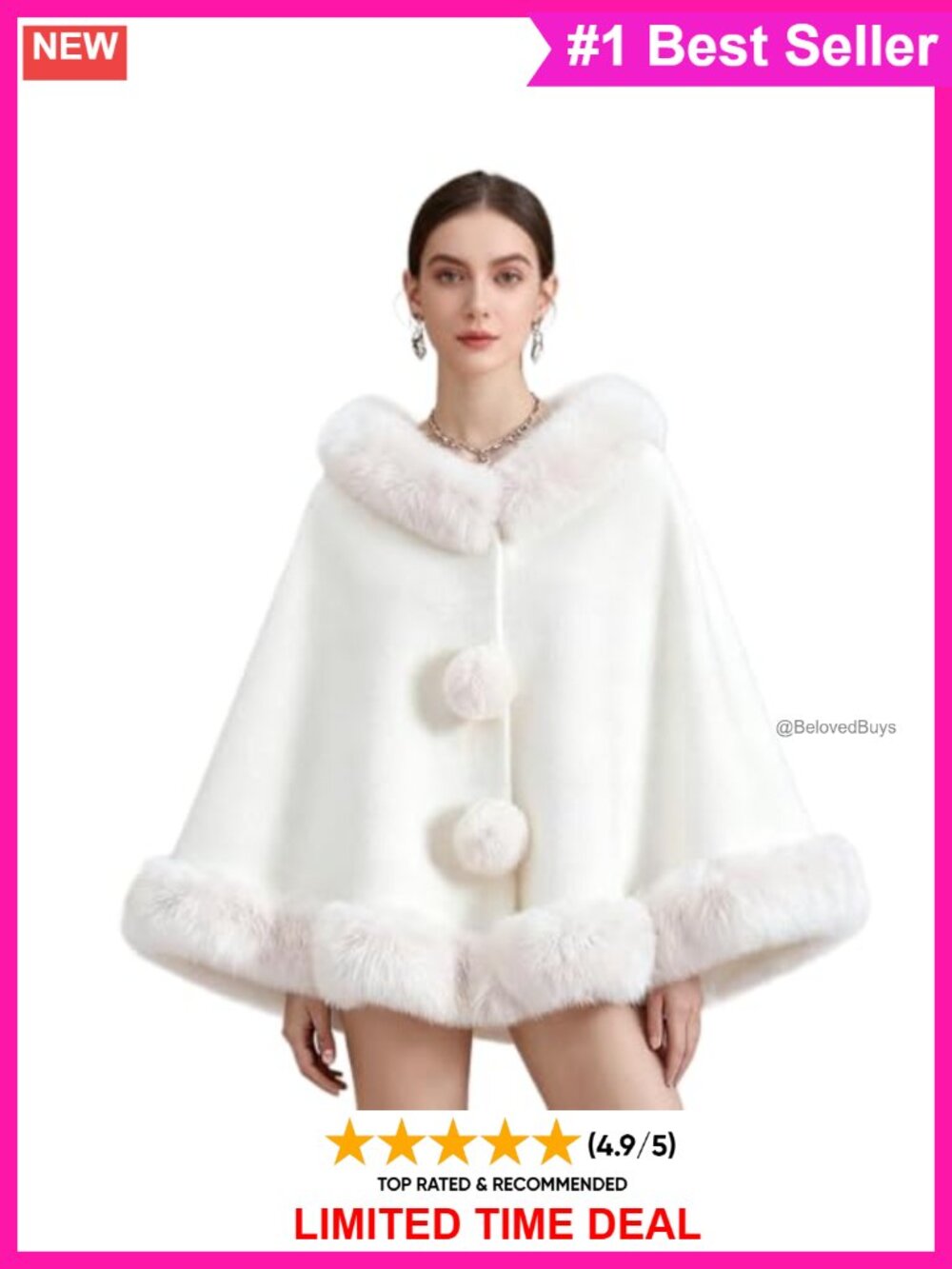 Faux Fur Hooded Cape Poncho Wool-Like Pom Pom Evening Wrap